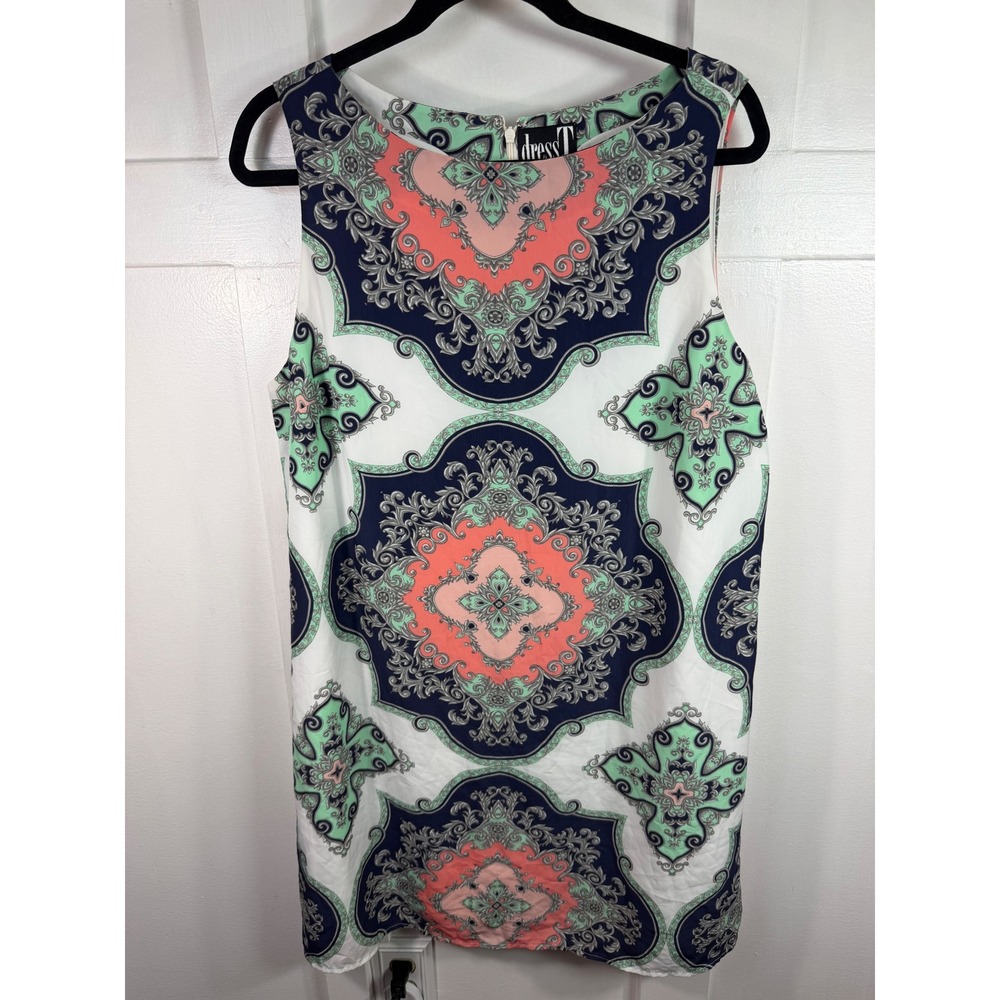 Dress Barn dressbarn Sleeveless Medallion Print Shift Dress Navy Coral Mint